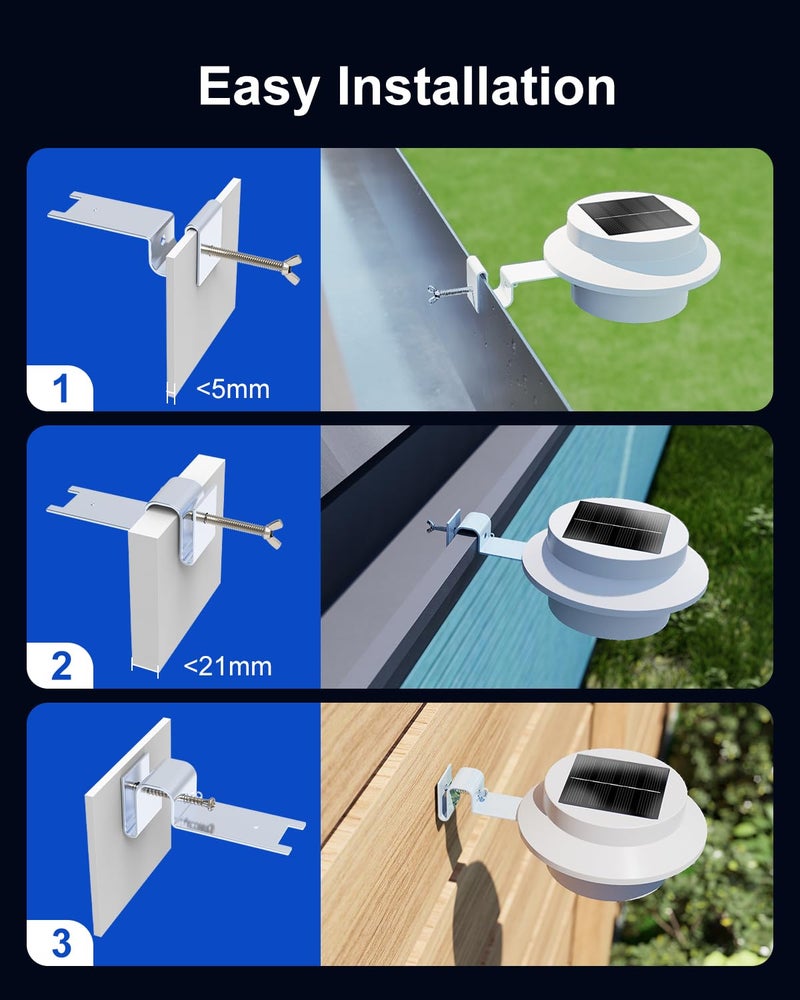 FALOVE 4 Pack White Solar Powered Gutter Lights Outdoor Decorative Waterproof Led Fence Lamp for Lighting Railing, Outside Wall, Deck, Garden, Path, Backyard, Sidewalk, Yard, Patio, No Drilling Installation - Image 2
